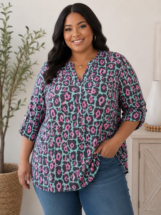 Dear Scarlett Tops - Dear Scarlett - Plus Size Animal Print Lizzy Top with Tab Sleeve - 2X